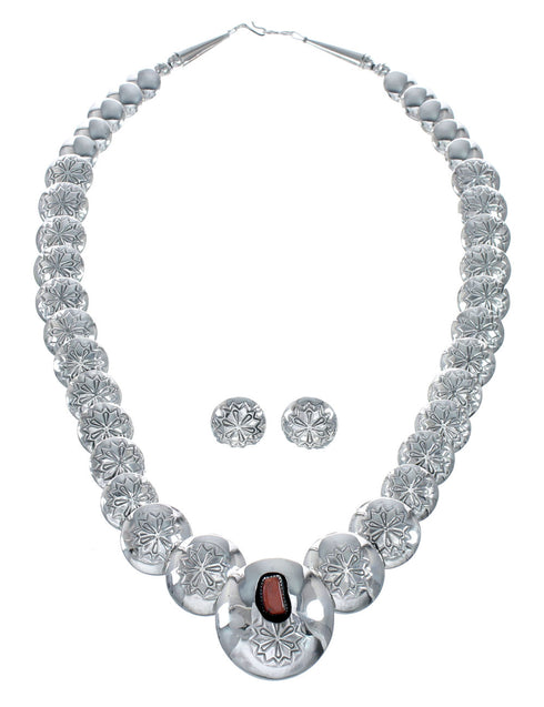 Navajo Reversible Sterling Silver and Coral Necklace Earrings Set SN20290